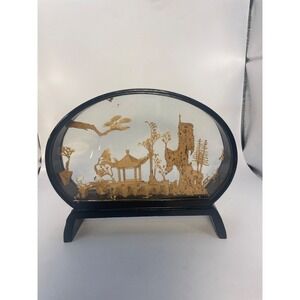 Chinese Asian Carved Cork Sculpture Diorama Scene Black Wood Glass Case - Moon